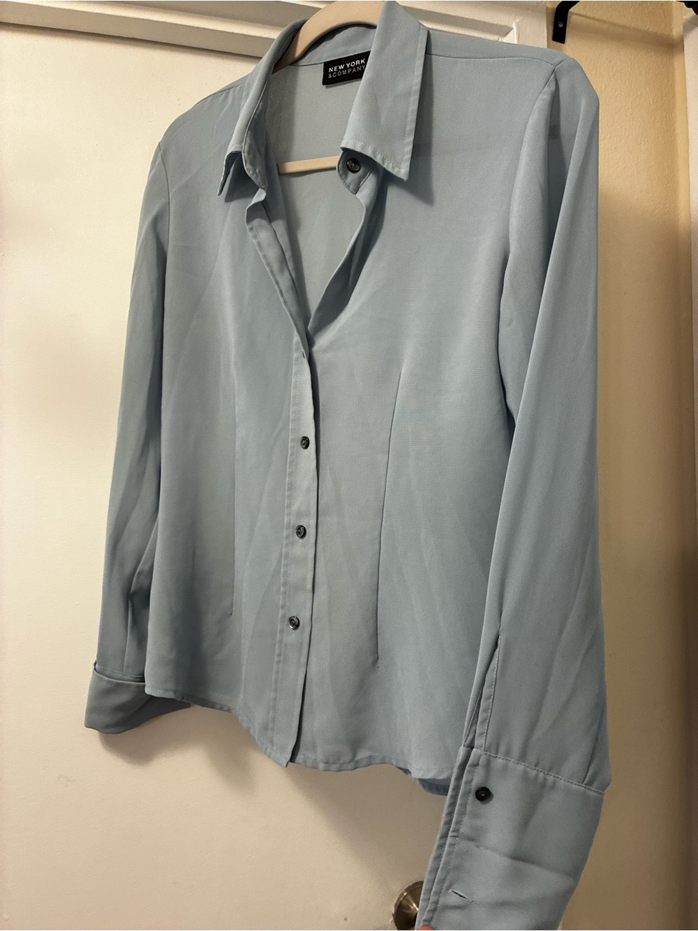 Sheer Lightweight Blue Grey Button Up Blouse Long Sleeve Adjustable Length - Picture 2 of 6